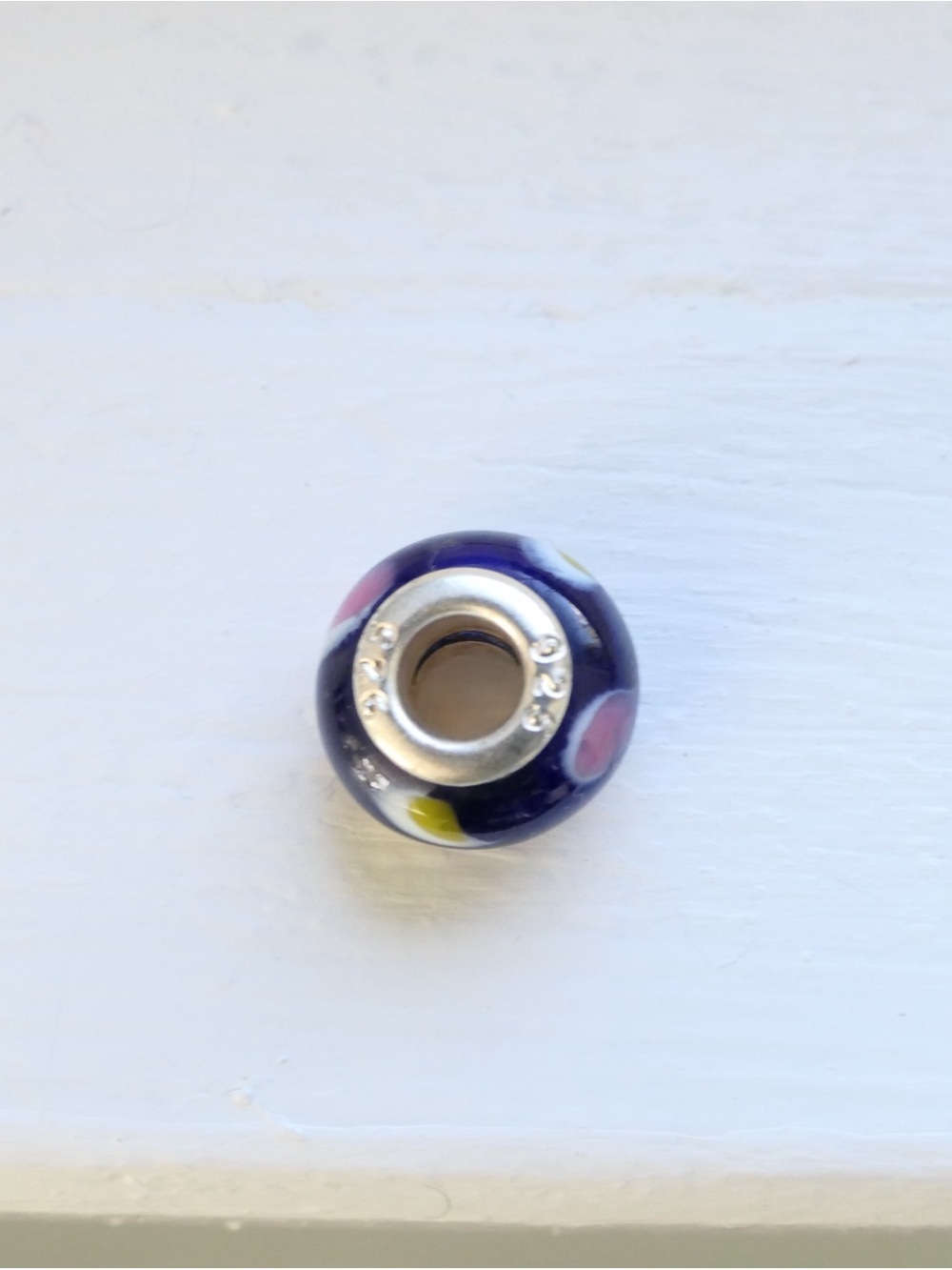 Sterling Purple Glass Bead with Pink & Yellow Dots